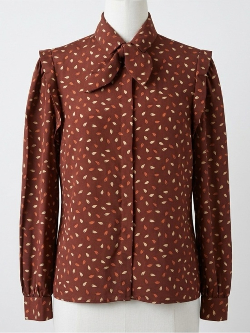 1970s 80s Jack Winter Brown Leaf Print Bow Collar Long Puff Sleeve Blouse Sz 10